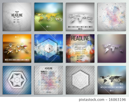 Set of 12 creative cards, square brochure template design, geometric backgrounds set, abstract 16863196