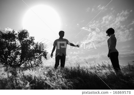 Happy couple outdoor, summertime, bw photo Happy couple outdoor, summertime, bw photo 16869578