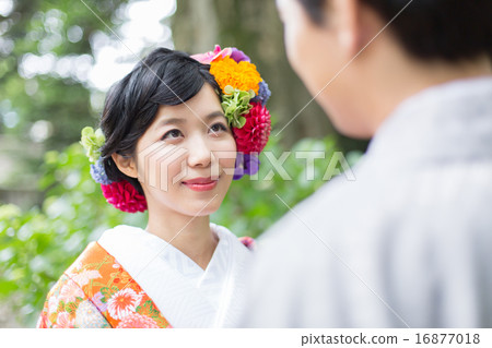 headdress, lock eyes with, colorful wedding kimono 16877018