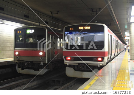 Series 205 and 209 stopping at Keiyo Line Tokyo Station platform Series 205 and 209 stopping at Keiyo Line Tokyo Station platform 16877238