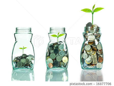 Mix coins and seed in clear blottle on white background,Business Mix coins and seed in clear blottle on white background,Business 16877706