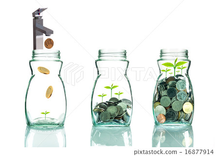 Faucet putting mix coins and seed in clear bottle on white backg Faucet putting mix coins and seed in clear bottle on white backg 16877914
