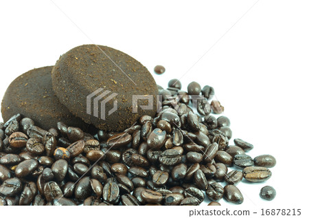 used ground coffee tablet with roasted coffee beans on white bac 16878215