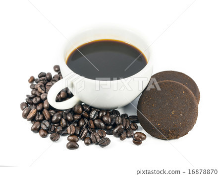 Coffee cup with roasted coffee beans and used ground coffee on w 16878870