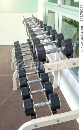 Rows of dumbbells in the fitness room Rows of dumbbells in the fitness room 16879033