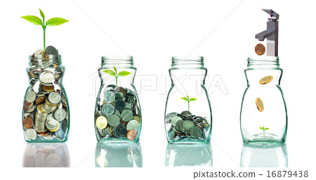 Faucet putting mix coins and seed in clear bottle on white backg Faucet putting mix coins and seed in clear bottle on white backg 16879438