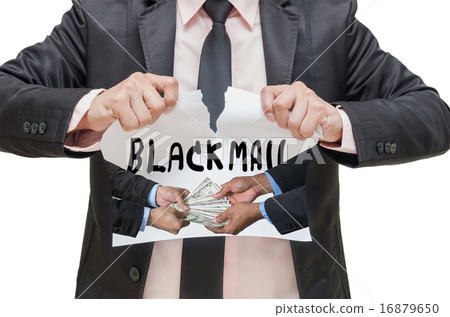 Businessman ripping up the BLACKMAIL sign with Hand shake betwee 16879650