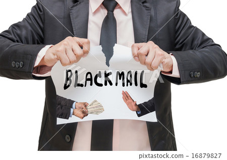 Businessman ripping up the BLACKMAIL sign with refusing the mone 16879827