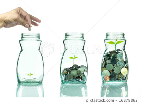 Mix coins and seed in clear blottle on white background,Business Mix coins and seed in clear blottle on white background,Business 16879862
