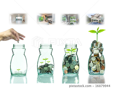 "Hand putting mix coins and seed in clear bottle with step of co "Hand putting mix coins and seed in clear bottle with step of co 16879944