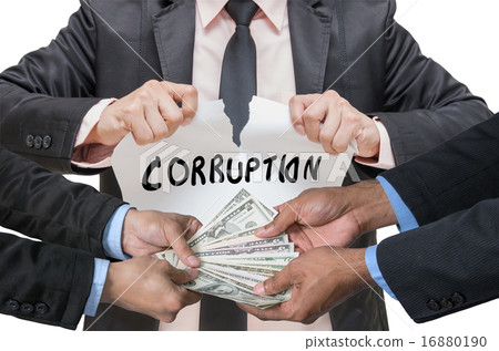Businessman ripping up the CORRUPTION sign with receiving the mo 16880190