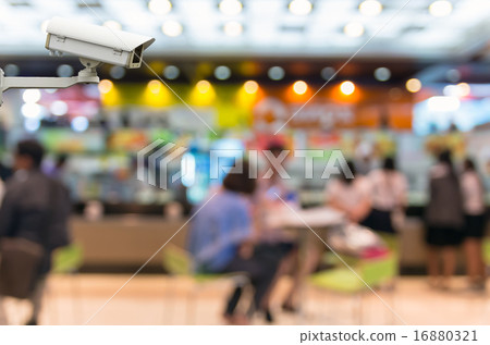 CCTV security camera on monitor the food court store blur backgr CCTV security camera on monitor the food court store blur backgr 16880321