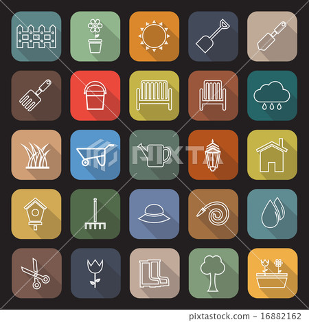 Gardening line flat icons with long shadow - Stock Illustration ...