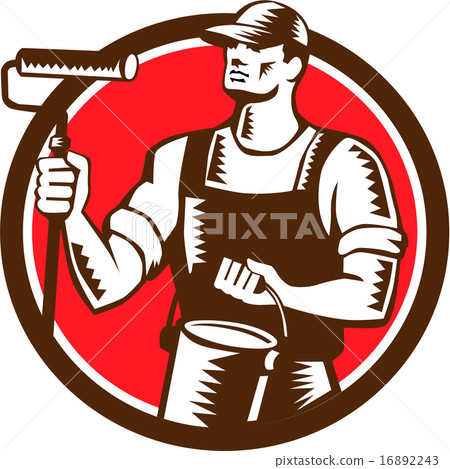 House Painter Holding Paint Roller Circle Woodcut House Painter Holding Paint Roller Circle Woodcut 16892243