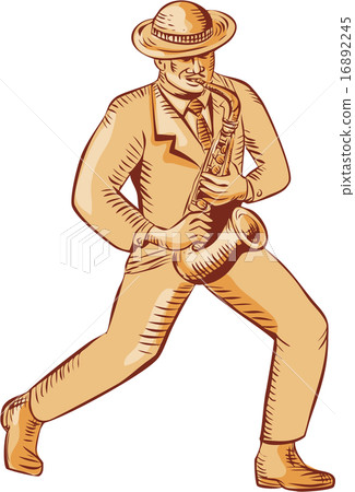 Jazz Player Playing Saxophone Etching 16892245