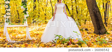 happy bride on autumn forest 16898542