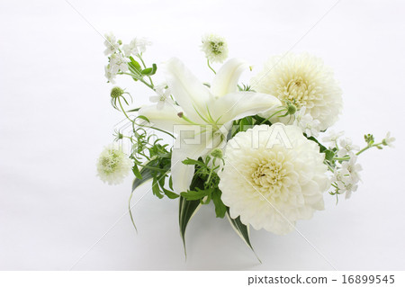 Arrangement of lily, dahlia, white star and scaviosa 16899545