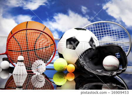 Assorted sports equipment, vivid colorful theme 16909453