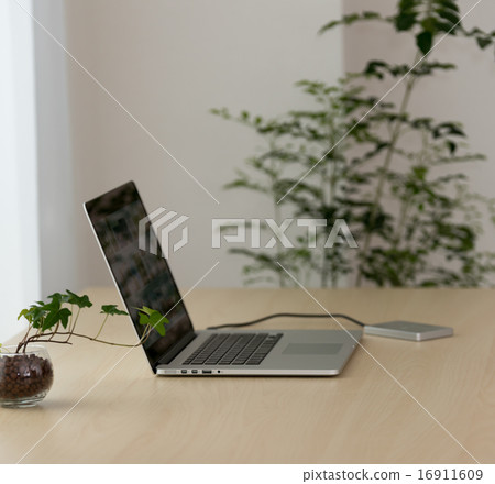 一個光線充足的室內工作空間,擺放著綠植和一台筆記型電腦。 一個光線充足的室內工作空間,擺放著綠植和一台筆記型電腦。 16911609