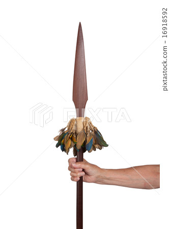 Old hand hodling an old wooden spear 16918592