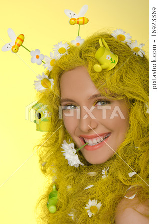 woman with yellow hair, flowers, and bees in them woman with yellow hair, flowers, and bees in them 16923369