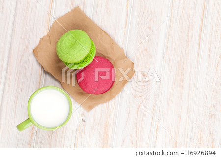 Colorful macarons and cup of milk 16926894