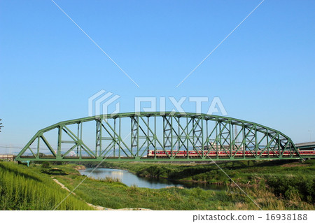 Train crossing the Kyoto river bridge 16938188