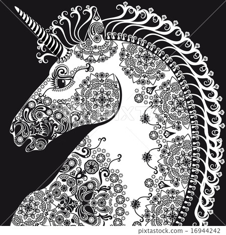 stylized profile unicorn head, bleack and white stylized profile unicorn head, bleack and white 16944242