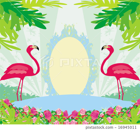 vintage frame - green palms and pink flamingo 16945011