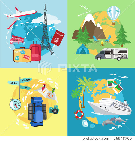 Air tourism. Caravaning and camping tourism. Mountain tourism. Water tourism with ship. Different 16948709