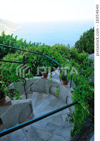 Italy Amalfi Coast Hill town The staircase at the entrance of the restaurant overlooking the sea of Ravello 16954640