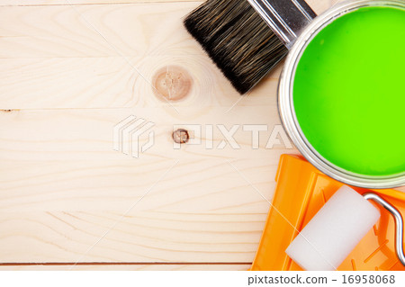 Paint roller paint can and bucket of green paint 16958068