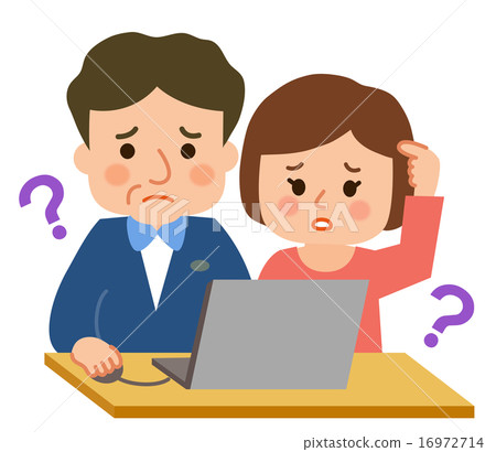 Middle - aged couple troubled with looking at personal computers Middle - aged couple troubled with looking at personal computers 16972714