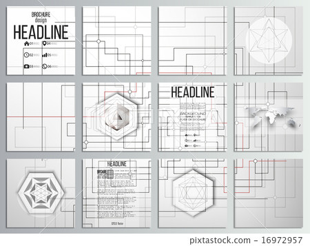 Set of 12 creative cards, square brochure template design. Technical construction with connected 16972957