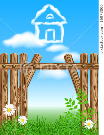 House from clouds in the sky and wooden fence. House from clouds in the sky and wooden fence. 16978800