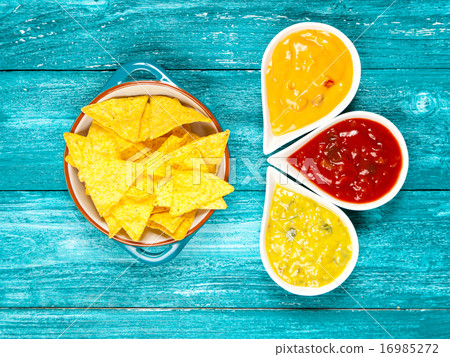 Plate of nachos with different dips Plate of nachos with different dips 16985272
