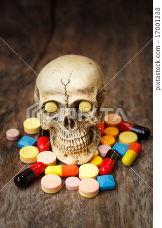 Human skull in the pile of drugs. 17001288
