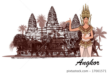 Angkor wat with elephants, palm trees and apasara 17001571