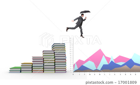 Composite image of businessman jumping holding an umbrella 17001809