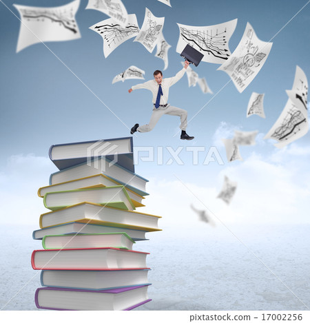 Composite image of cheerful jumping businessman with his suitcas Composite image of cheerful jumping businessman with his suitcas 17002256