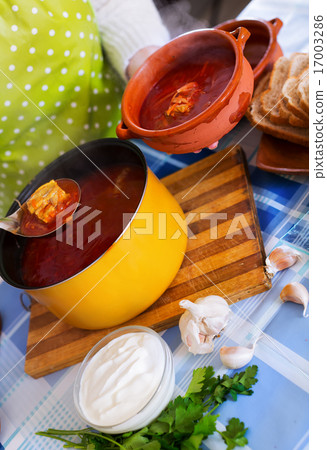 Woman pouring Traditional Russian cooked soup Woman pouring Traditional Russian cooked soup 17003286
