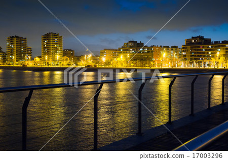 Pier at beach of Badalona in evening 17003296