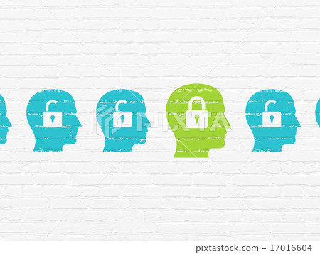 Safety concept: head with padlock icon on wall background Safety concept: head with padlock icon on wall background 17016604