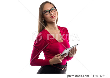 Photo of woman in red shirt with tablet Photo of woman in red shirt with tablet 17016969