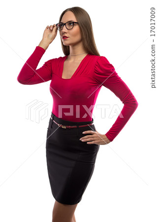 Photo of woman in red shirt touching glasses Photo of woman in red shirt touching glasses 17017009