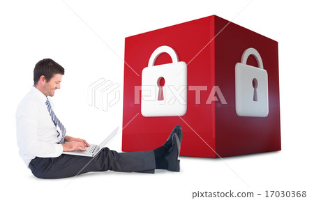 Composite image of businessman using laptop and smiling 17030368