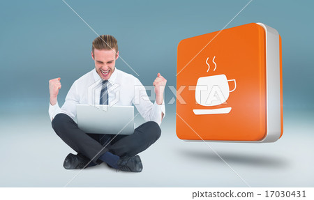Composite image of businessman using laptop and cheering Composite image of businessman using laptop and cheering 17030431