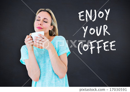 Composite image of peaceful blonde with hot beverage relaxing Composite image of peaceful blonde with hot beverage relaxing 17030591