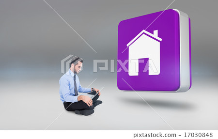 Composite image of cheerful businessman sitting on the floor usi Composite image of cheerful businessman sitting on the floor usi 17030848