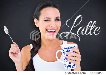 Composite image of pretty brunette having cup of tea Composite image of pretty brunette having cup of tea 17030856